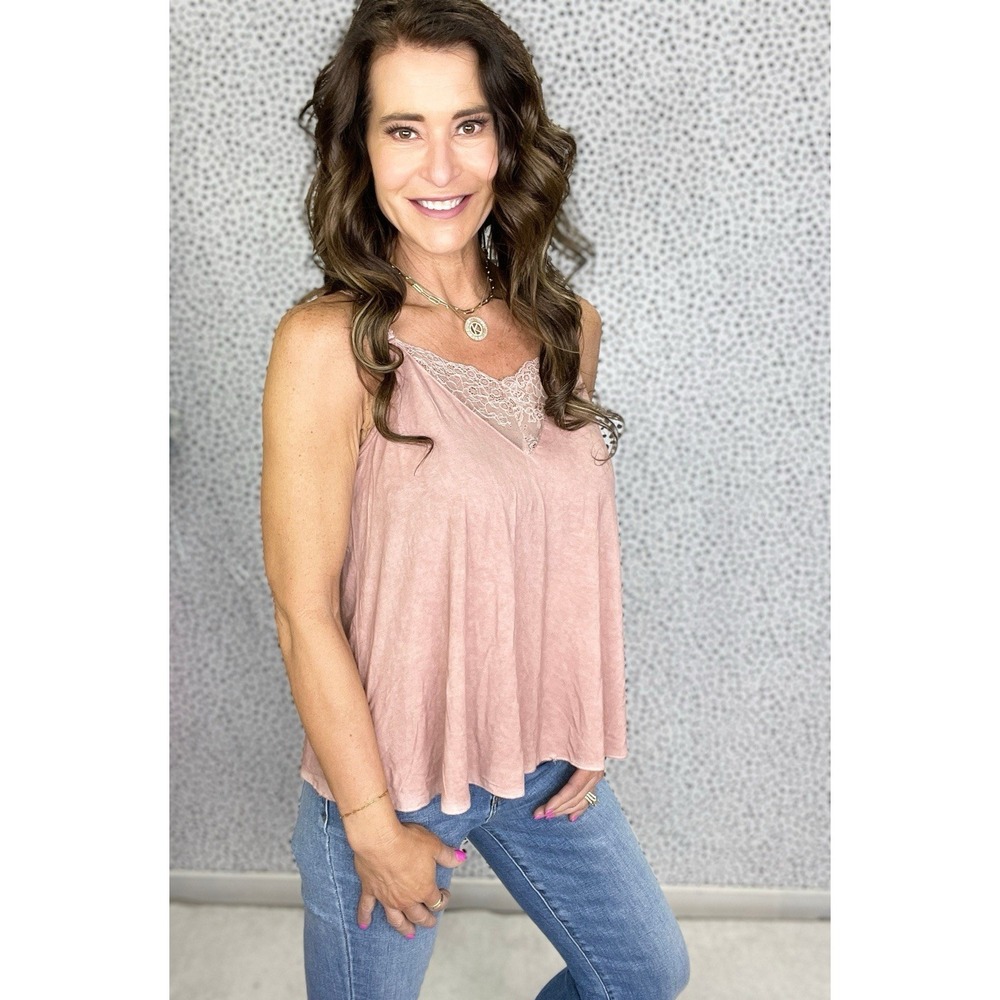 POL Tank Top Camisole Pink Lace Trim #RCT844 Rose Sz M Cottage Core Boho